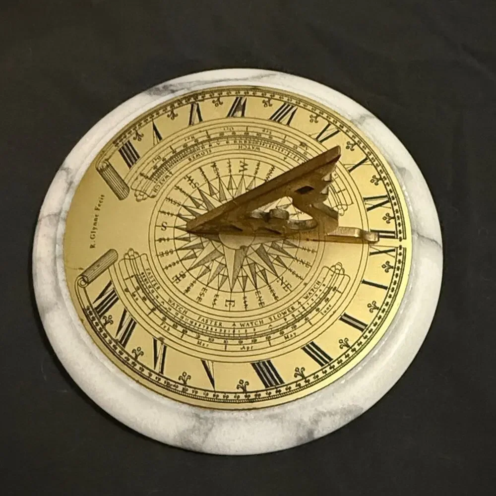 Vintage R Glynne Fecit Sundial Desk Decor Paperweight MCM Brass Marble
